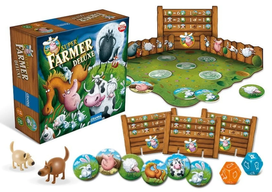 Super Farmer DeLuxe board game with farm animal components