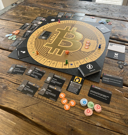 Cryptoly game in play — board with cards and tokens