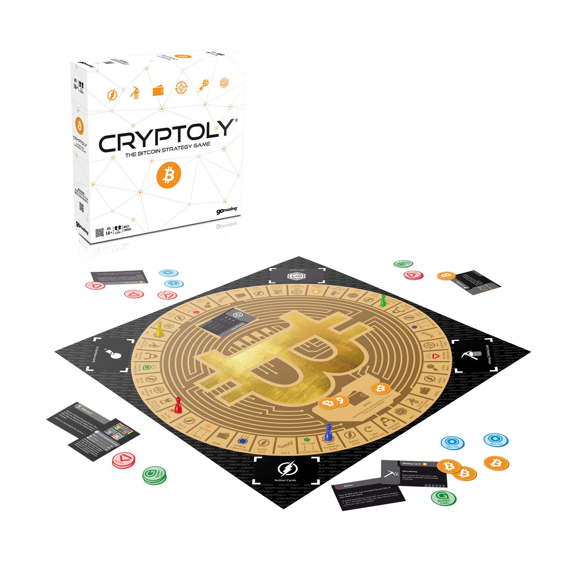 Cryptoly Bitcoin strategy game — board + components composite (3500x3500)