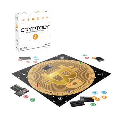 Cryptoly Bitcoin strategy game — board + components composite (3500x3500)