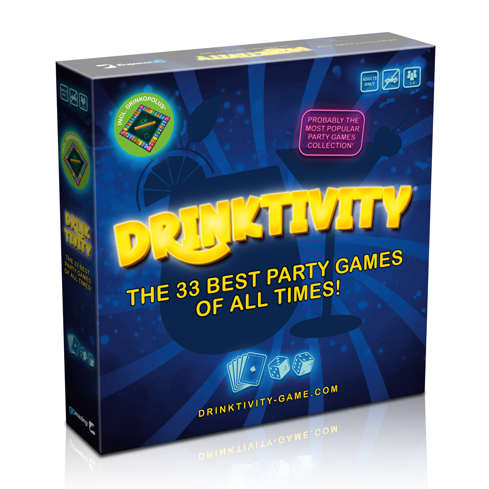 Drinktivity 33-game party-night box visual — 3000x3000 marketplace-grade