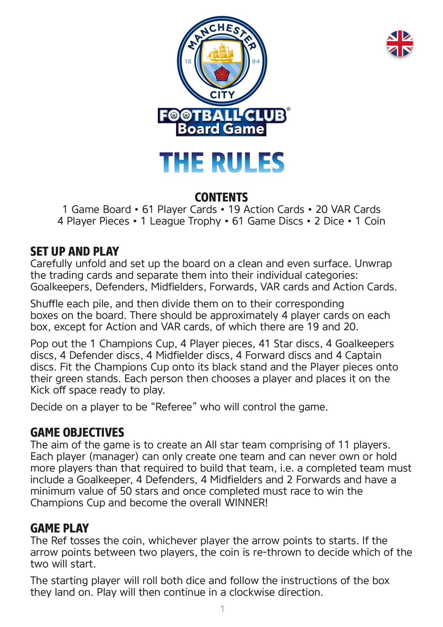 Manchester City Football Club Board Game — rules overview