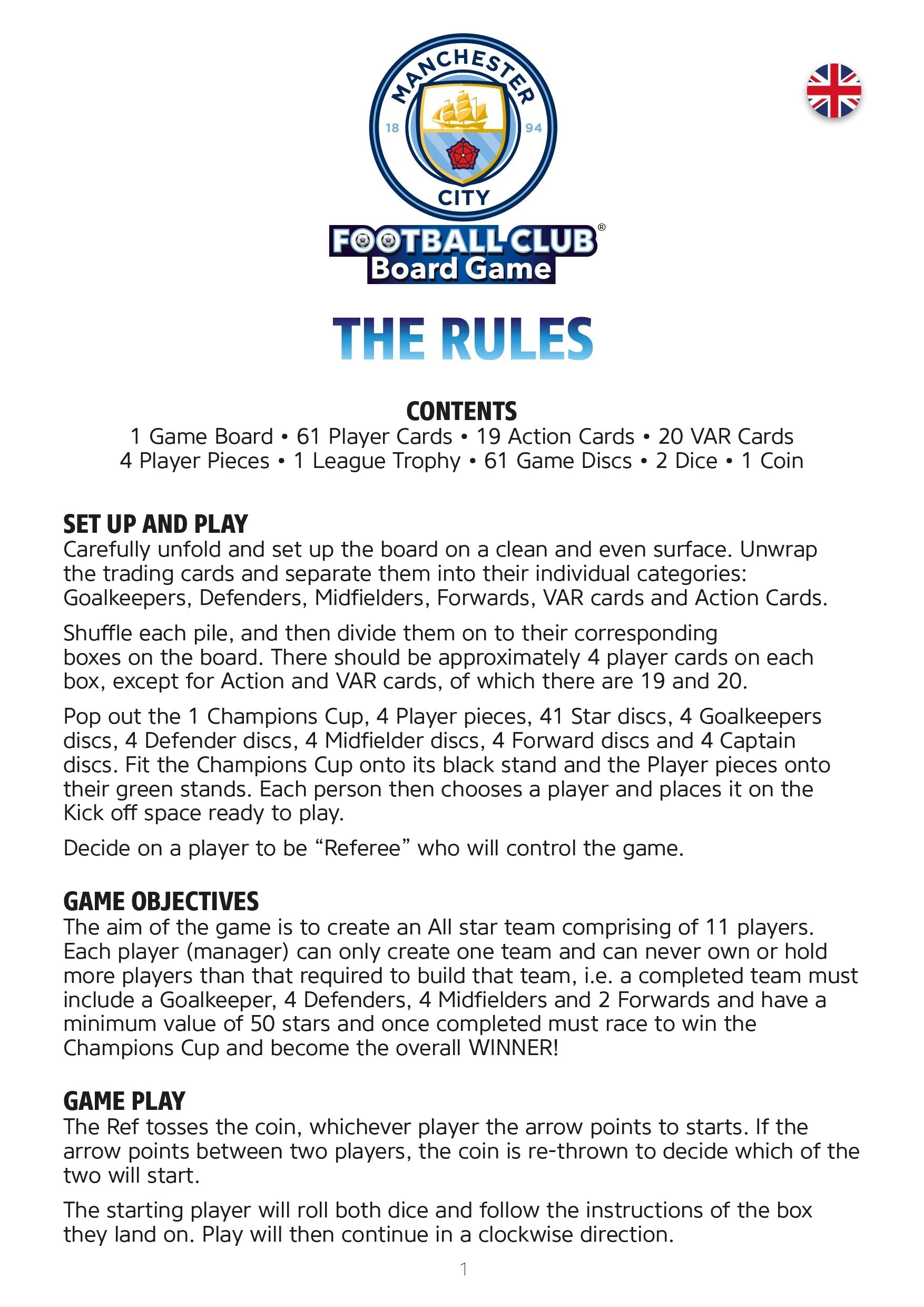 Manchester City Football Club Board Game — rules overview